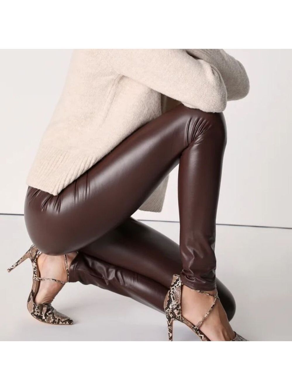 RW&CO mahogany brown faux leather pleather vegan high-rise leggings Sz S NWOT